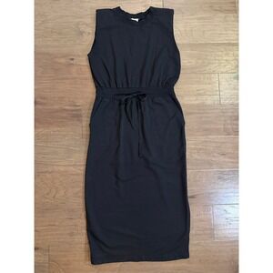 Open Edit Black Padded‎ Shoulder Drawstring Sweatshirt Midi Dress Womens Medium